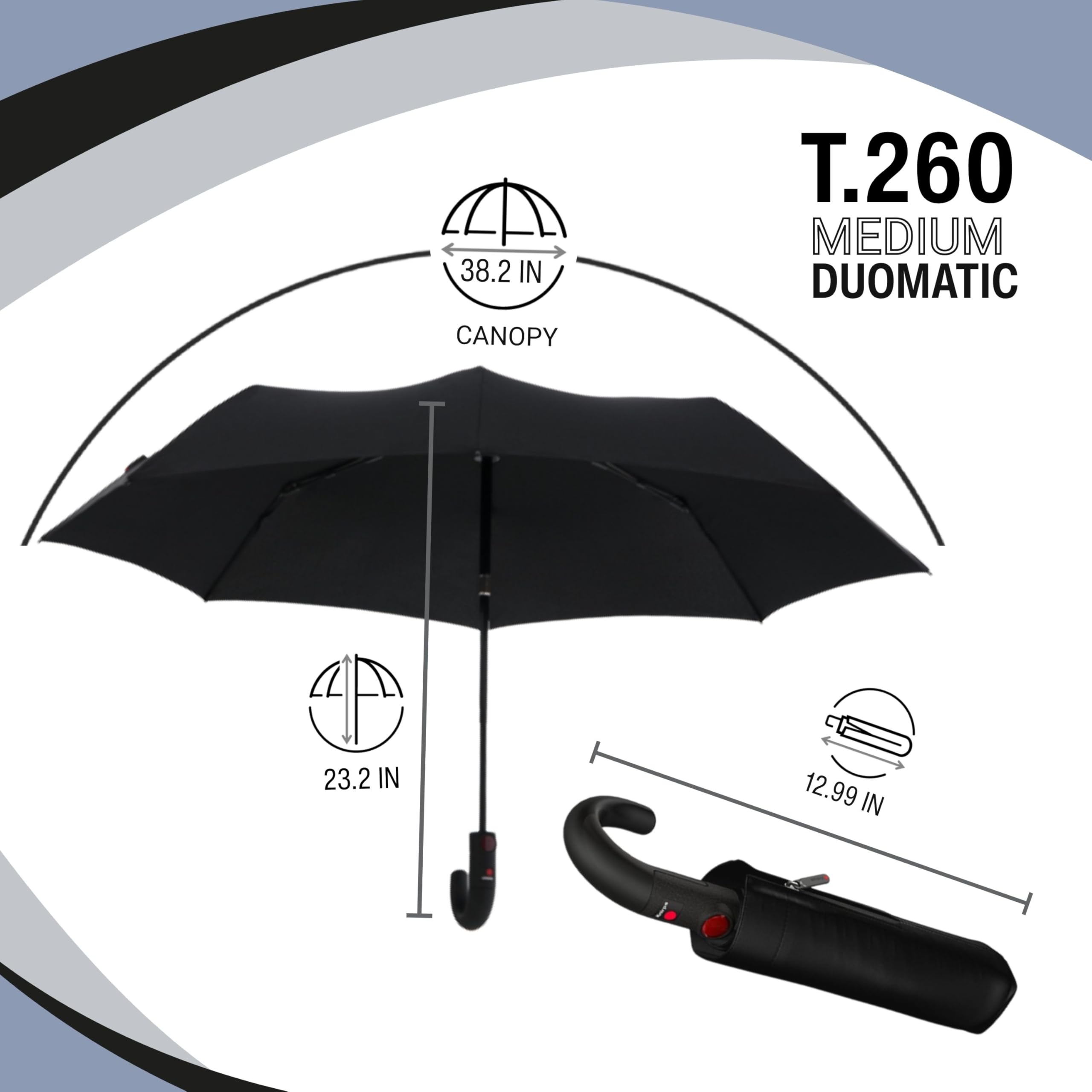 Knirps T.260 Medium Automatic Open Close Rain Umbrella with Curved Handle and Carrying Case - Compact Windproof Travel Umbrellas for Adults, 97cm Diamteter - Image 3